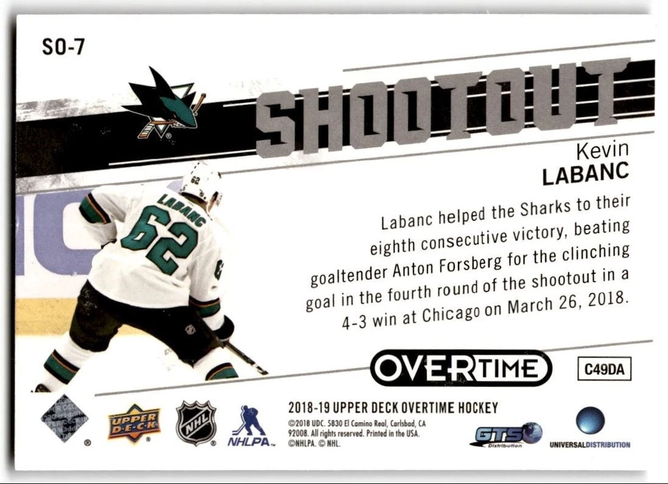2018-19 Upper Deck Overtime Shootout Kevin Labanc #SO-7 San Jose Sharks - Image 2 of 2