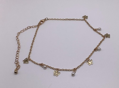 Delicate Butterfly Anklet w/ White Faux-Pearl Bears, 16” Ankle Bracelet - Picture 6 of 9