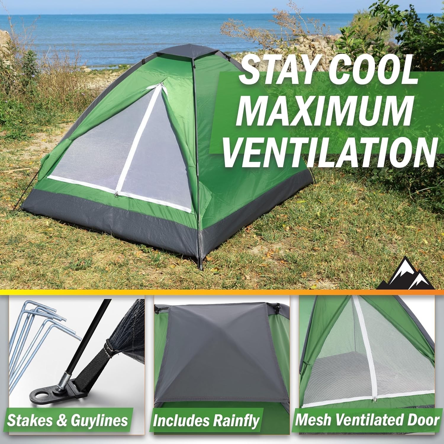 backpacking tents for ventilation and rain Wakeman Outdoors 2 Person Camping Tent with Rain Fly and Carry Bag (Green), Size: (Large) 77” x (W) 57” x (H) 40”