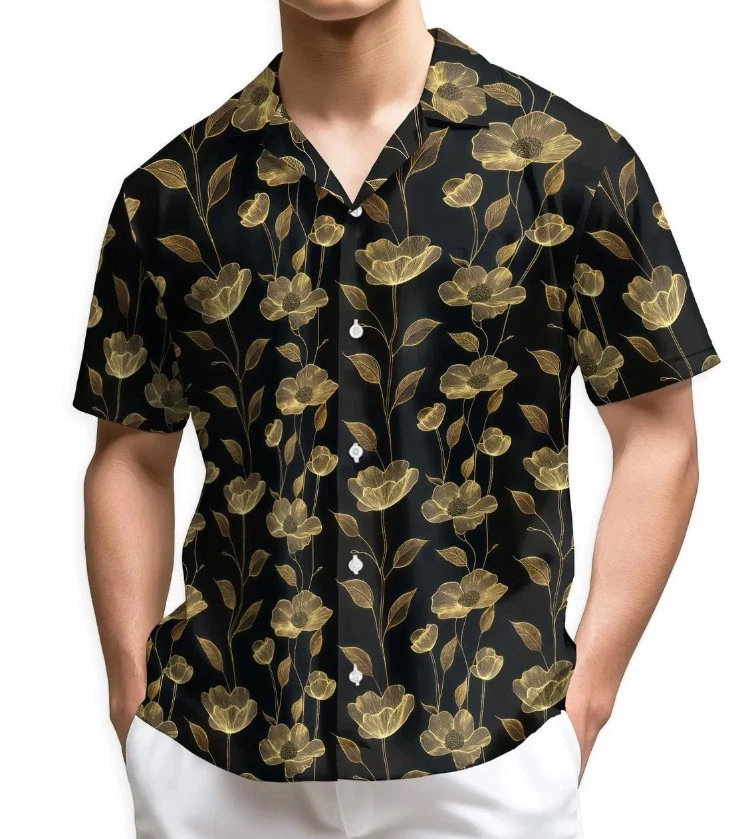 Black Gold Floral Hawaiian Shirt, Luxury Floral Aloha Shirt
