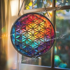 Flower of Life Stained Glass Suncatcher, Round Sacred Geometry Rainbow Window