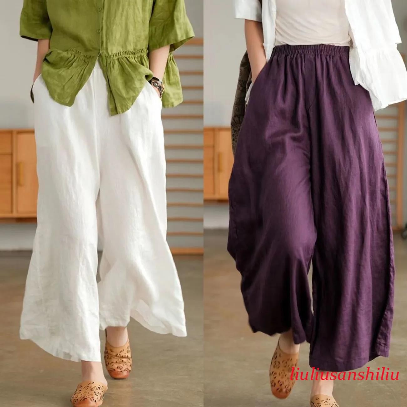 Summer Cotton Linen Pants Comfort Loose Cropped Casual Trousers Plus Womens