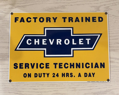 Vintage  Chevrolet Factory Trained Service Technician On Duty 24 Hrs  Metal Sign