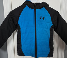Under Armour Boys Puffer Jacket Blue Black Hooded Full Zip Size 5