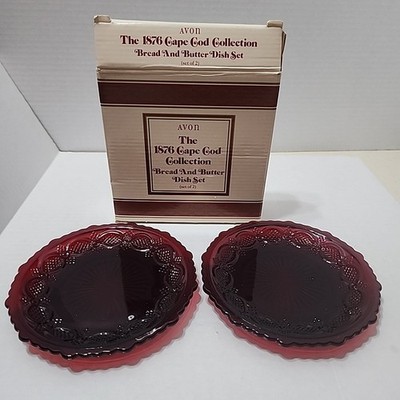 2 Bread & Butter Dish Set 1876 Avon Cape Cod Collection Ruby Red VTG EUC W/Box