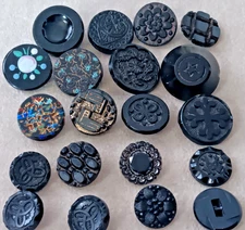 LOT 20 ANTIQUE VICTORIAN Jet BLACK GLASS BUTTONS, IRIDESCENT, LUSTER, Painted