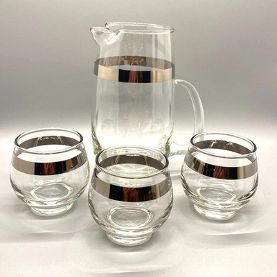 Libbey Platinum Band Roly Poly Glasses Set of Three With Pitcher MCM Barware