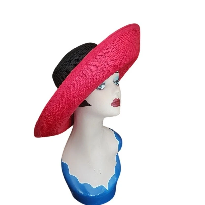 Luxury Vtg Kokin Red‎ Real Fur Rhinestone Wide Brim Formal Church Hat, Party Red Wide Brim Hat – Oversized Statement Hat – Kentucky Derby  main image 4