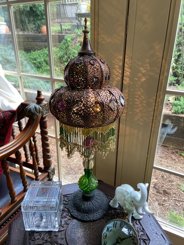 Bohemian Moroccan Style Pierced Metal Shade Bejeweled Beaded Fringe Shade Lamp