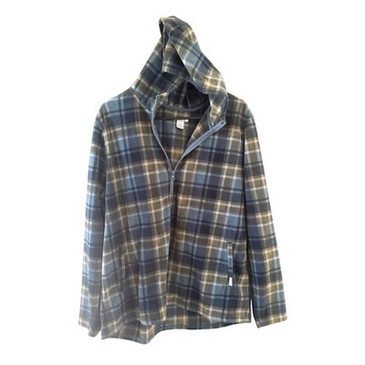 ONeill Mens XL Blue Green Plaid Fleece Quarter Zip Hoodie Pockets Casual Cabin