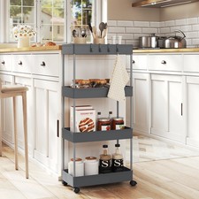 Servierwagen Küchenwagen Nischenregal mit Rollen 4 Haken 39 x 84 x 20,5 cm Grau