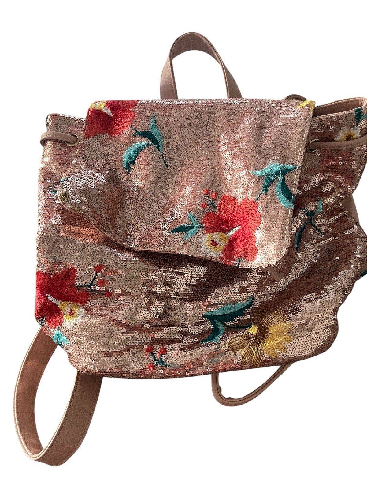 Pink Floral Sequined Drawstring Backpack Women’s … - image 1