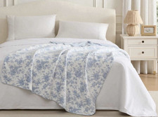Elegant Laura Ashley Walled Blue and White Floral Reversible Throw Blanket  NWT