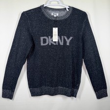 DKNY Mens Size Medium Thicker Sweater Logo Grey Black Dark Speckled New Tags