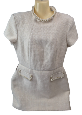 simone ivory dress nadine merabi Cream Embellished Trim Shimmer Tweed Minidress Size 12 XL material:Sweater Blend