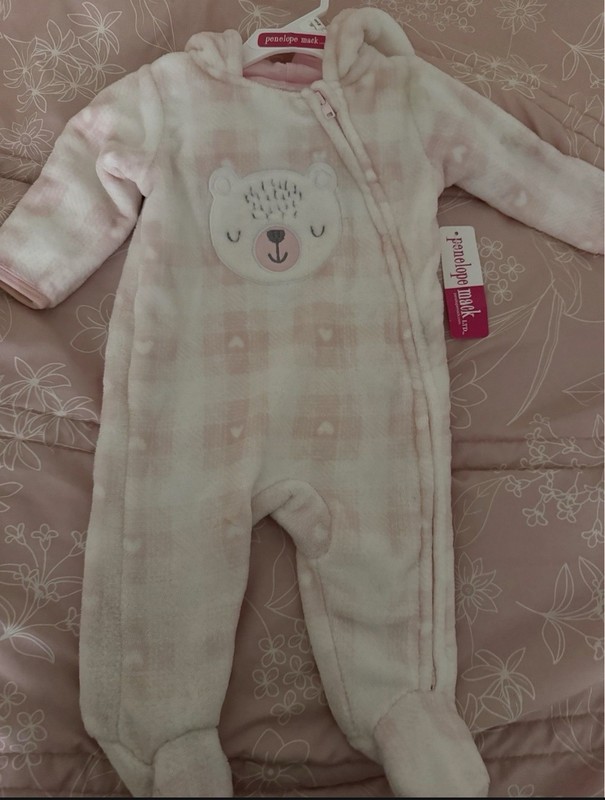 Penelope Mack Baby Girls 0-3M Pink/White Plaid Fleece Bear Hooded Footed Sleeper