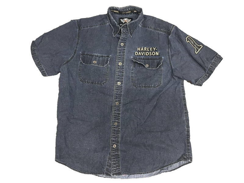 Harley -Davidson Men’s Dark Blue Short Sleeve Denim Button Up Shirt Size Large 1