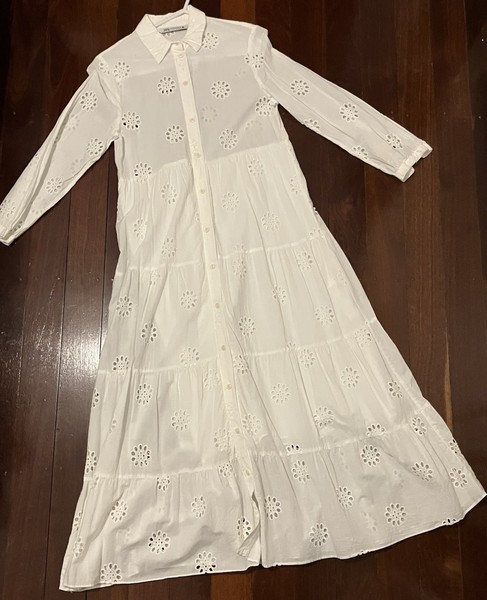 ZARA White Eyelet Embroidered Collared Button-Front Midi Shirt Dress XS