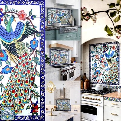 30inx42in Collector Mosaic Backsplash, Splendid Peacock Centerpiece Tile Mural