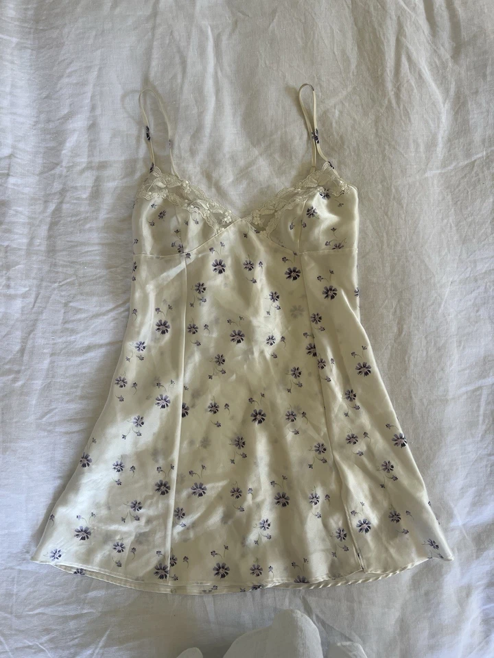 Victoria’s Secret White Slip Dress With Purple Floral Pattern & Lace Size Medium - Image 3 of 4
