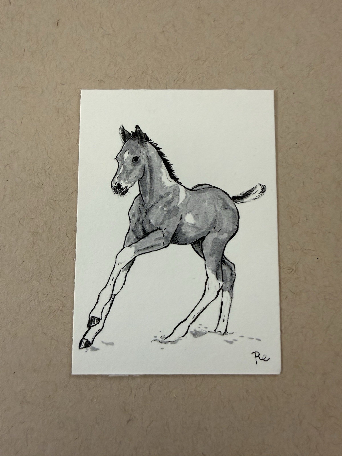 ACEO Art Card Original Foal Galloping Horse Marker Miniature Drawing OOAK