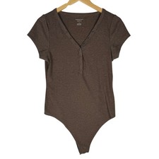 American Eagle Brown Ribbed Henley Short Sleeve Bodysuit Womens L Earthy Basic