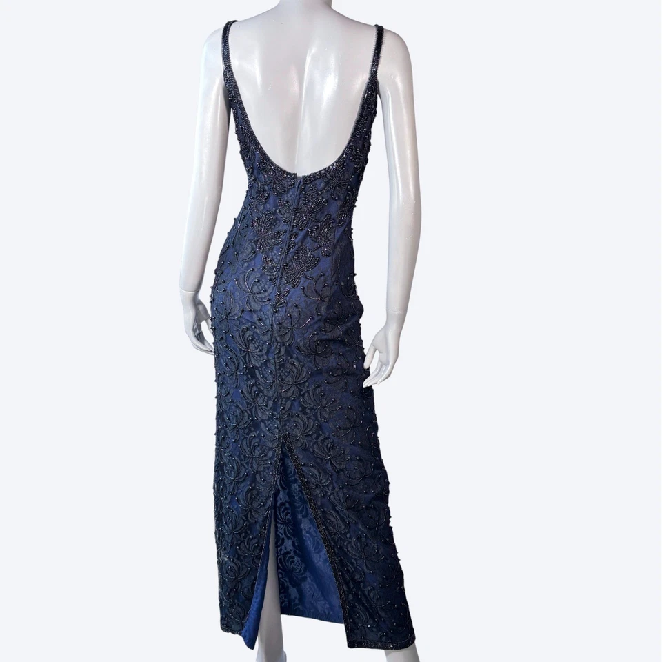 Винтажный 90-х Laurence Kazar синий полностью бисером цветочный вечернее платье макси платье размер S - Изображение 2 из 4