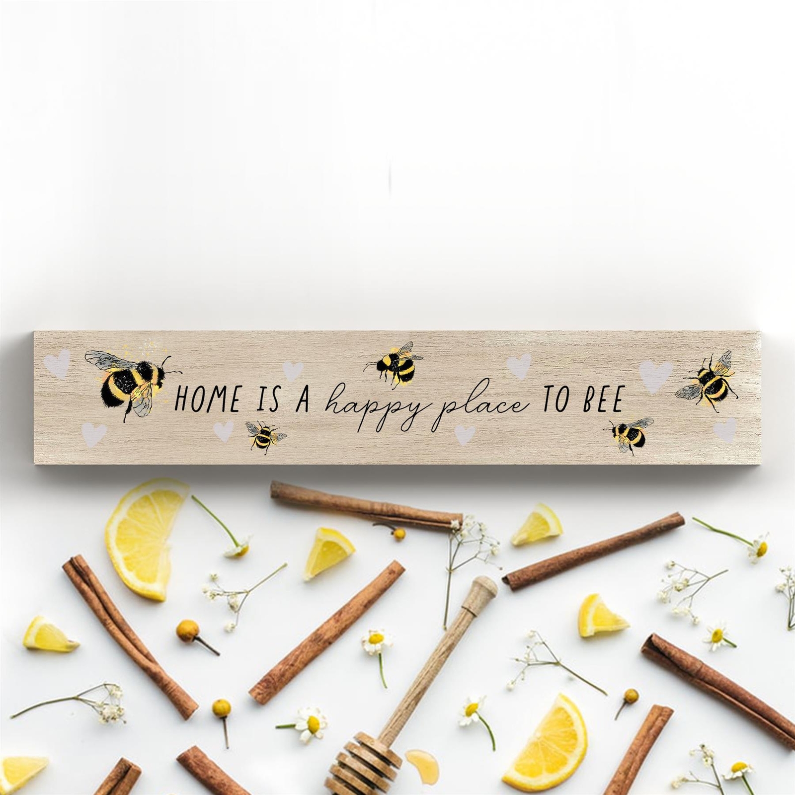 HOME IS A HAPPY PLACE BUMBLE AND LAVENDER TYPOGRAPHY WOODEN NOVELTY BLOCK