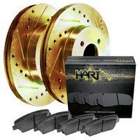 2013-2015 Xts Rear Gold Hart Drilled Slotted Brake Rotors Disc And Ceramic Pads on sale 2013-2015 Xts Rear Gold Hart Drilled Slotted Brake Rotors Disc And Ceramic Pads on sale