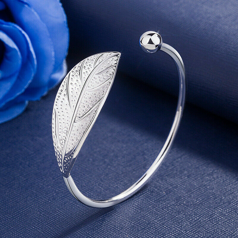 925 Sterling Silver Charm Leaf Bracelet Bangle Cuff One Size Fit All Adjustable