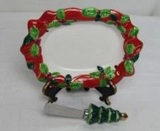 LADY JAYNE LTD HOLIDAY HOLLY SNACK CHEESE PLATE & SPREADER NIB DH2353