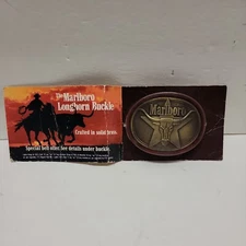 Vintage Marlboro Belt Buckle Solid Brass Philip Morris 1987 Longhorn Steer Star 