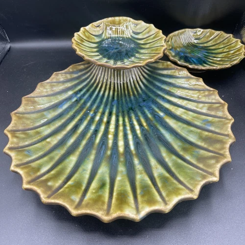 Vintage McCoy Green Blue Drip Shell Clam 2 Tier Chip Dip Platter #911 Retro MCM