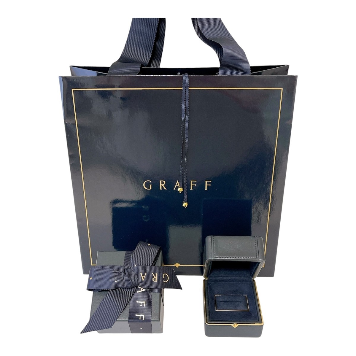 GRAFF Ring case Black Leather Jewelry box w/ Ribbon, Paper