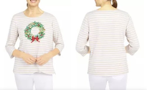 Alfred Dunner Petite Christmas Wreath Striped Cotton Blend Top Size PXL NWT - Picture 7 of 7