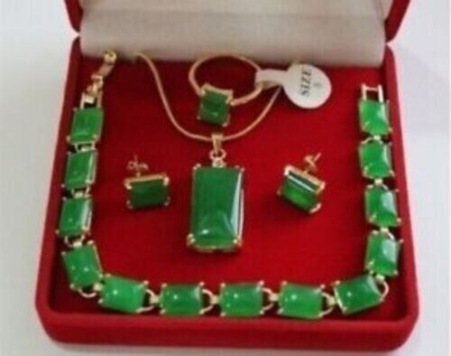 Real jade emerald green jade jewelry set(Ring size can choose ) + box - Picture 1 of 3