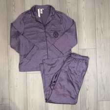 Victorias Secret Signature Satin Pajama Set Purple Logo Button Down Pants M NEW