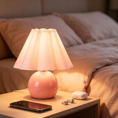 Pink table lamp with beige shade suits cozy bedroom nightstands