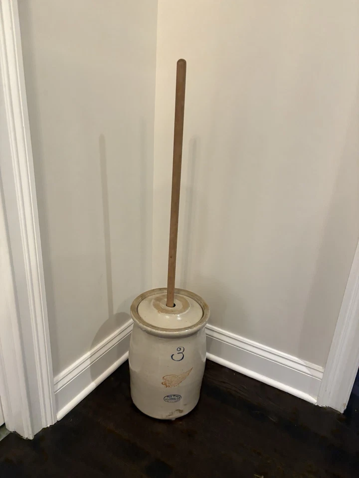 Red Wing Early 1900s Antique Stoneware 3 Gallon  Crock Butter Churn Plunger Lid - Image 2 of 4