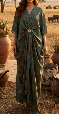 Premium Forest Green Gold  Jacquard Batwing Kaftan Dress holiday resort races