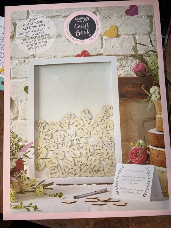 Ginger Ray Wedding Guest Book  Wooden Drop Top Frame 70 Hearts  NIB