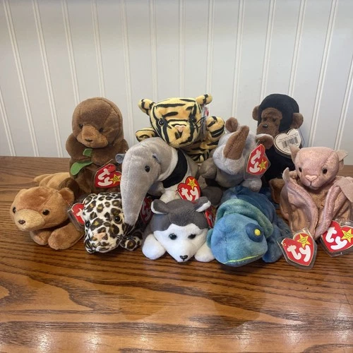 VTG Ty Beanie Babies Assorted Zoo Animals Bear Bat Lot Of 10 W/ Tags Mint