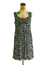 LOFT Dress Black White Floral Sleeveless Round Neck Gathered Waist Womens M 