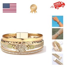 Boho Leather Wrap Bracelet Stackable Chunky Crystal Cuff Bracelets Western Je...