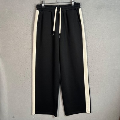 Commense Large Black & White Wide-Leg Pants w/ Contrast Stripe Elastic Waist