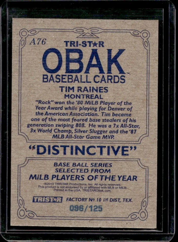 2010 TriStar Obak Tim Raines Auto #96/125 - Image 2 of 2