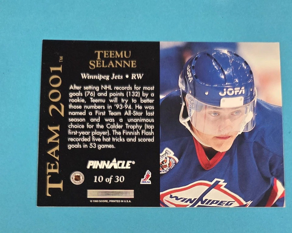 1993-94 Pinnacle Team 2001 #10 Teemu Selanne Winnipeg Jets HOCKEY Card R5 - Image 2 of 2