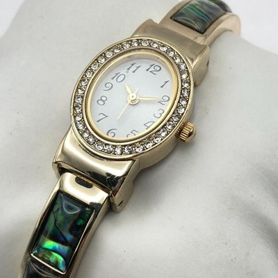 Geneva Women's Watch 20mm Abalone Inlay Gold Tone Crystals Cuff New Battery 6.5''