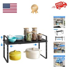 Expandable Heavy-Duty Cabinet Shelf Organizer - Versatile Black Stackable Rack