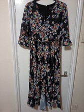Phase Eight Dress Black Floral Maxi Midi hi lo hem v neck, belt, 1/2 sleeve UK16